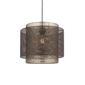 Luminosa Plexus 1 Light Cylindrical Pendant Matt Black Paint, Antique Brass Mesh , E27