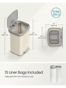 SONGMICS Kitchen Bin, 13 Gallon (50 L) Rubbish Bin, Metal Waste Pedal Bin With Lid, Tall And Large