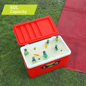 Royalford 50L Insulated Ice Cooler Box, 3 Layer Thermal Insulation Chiller Box, Portable Ice Box, Red