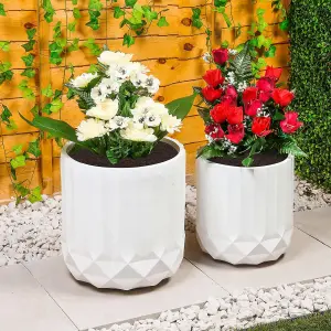 Set of 2 Large Handmade Round Plant Pots - Modern MgO Flower Planters with Geometric Texture Design and Drainage Hole