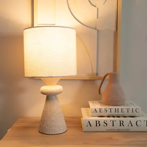 ValueLights Cady Natural Cement Effect Bedside Table Lamp with Drum Shade - LED Bulb Included