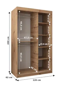 Elypse Contemporary 2 Mirrored Sliding Door Wardrobe 5 Shelves 2 Rails White (H)2000mm (W)1200mm (D)620mm