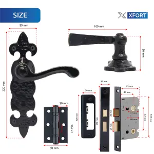 XFORT Black Antique Fleur De Lys Bathroom Handles & Bathroom Lock & Butt Hinges