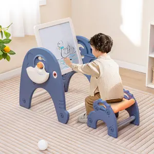 Costway Kids Art Easel & Stool Set Double-Side Convertible Activity Table W/ Markers