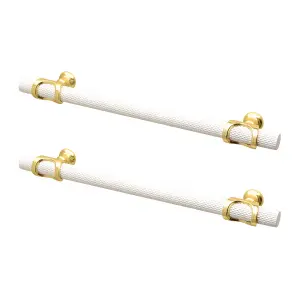 DecorAndDecor - AMELIA White & Matt Gold Knurled T-Bar Kitchen Cabinet Pull Handles - 224mm - Pair