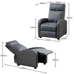 WestWood Luxury PU Leather Modern Push Back Reclining Armchair Lounge Padded Seater Grey