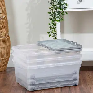 3 x Strong 80 Litre Wheeled Plastic Containers For Home & Office Complete With Folding Split Lids