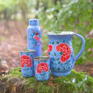 BillyCan Hand-Painted Picnic Water Jug with 300ml Cups - 1.7L - Ocean Peony