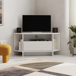 Decortie Modern Viva Corner TV Unit Shelf up to 40 Inch TVs Push to Open Storage Cabinet, 3 Open Shelf 95.7(W)cm White