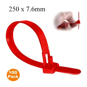 100 x Red Releasable Cable Ties 250mm x 7.6mm Reusable Wire Tidy Zip Straps