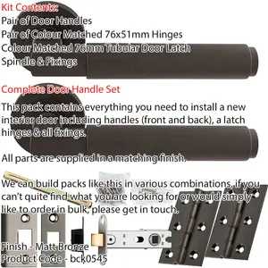 Door Handle & Latch Pack - Matt Bronze - Square Smooth Bar Lever On Round Rose