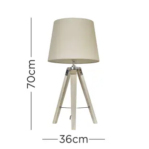 ValueLights Clipper Modern Distressed Wood and Silver Chrome Tripod Table Lamp with Beige Light Shade