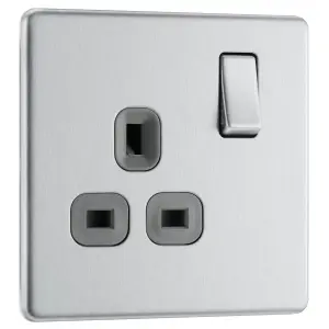 BG Electrical FBS21G Nexus Screwless Flat-Plate Single Switched Plug Socket Brushed Steel Grey Insert 13A