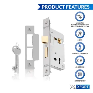 XFORT 3 Lever Satin Chrome Mortice Sashlock 65mm