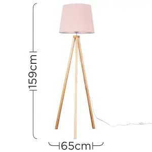 ValueLights Barbro Modern Light Wood Tripod Design Floor Lamp with Pink Tapered Shade - Includes 6w LED GLS Bulb 3000K Warm White