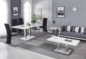 Modernique White MDF Marble Effect Dining Table with 4 Black Velvet Chairs