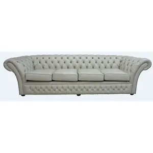 Chesterfield 4 Seater Sofa Settee Stella Ice Grey Leather DBB In Balmoral Style