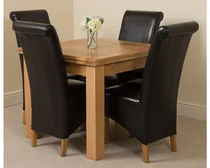 Richmond 90cm - 150cm Square Oak Extending Dining Table and 4 Chairs Dining Set with Montana Black Leather Chairs