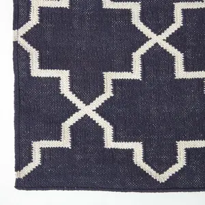 Homescapes Edmonton Navy Blue and White 100% Cotton Geometric Pattern Kilim Rug, 160 x 230 cm