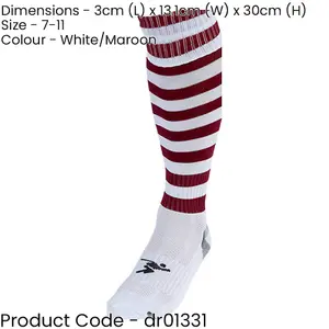 ADULT Size 7-11 Hooped Stripe Football Socks - WHITE/MAROON - Contoured Ankle