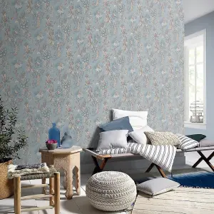 Abode Edward Floral Flowers Leaves Duck Egg Wallpaper