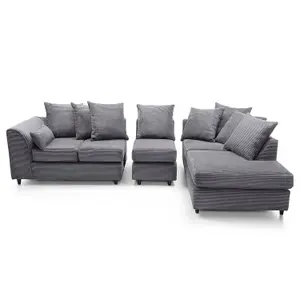 Jumbo Large Grey Cord Right Facing Corner Sofa for Living Room with Thick Luxury Deep Filled Cushioning