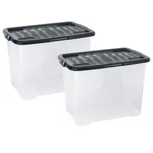 2 x 80 Litre Clear Transparent Base Stackable Curve Plastic Storage Boxes With Black Lids