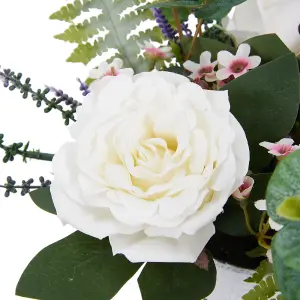 White Artificial Potted Rose Flower Tabletop Decor