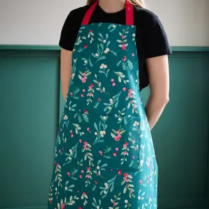 Catherine Lansfield Christmas Holly and Mistletoe Cotton 70x80 cm Kitchen Adult Apron Green