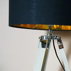 ValueLights Clipper Modern Distressed Wood and Silver Chrome Tripod Table Lamp with Black Gold Drum Shade