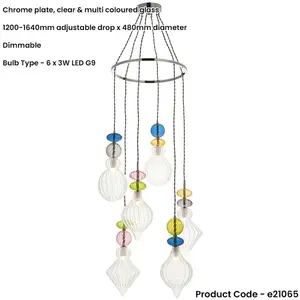 Hanging Ceiling Pendant Light - Chrome Plate Clear & Multi Coloured Glass - 6 X 3W LED G9