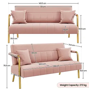 Yaheetech Pink Upholstered Sofa Couch with 2 Pillows and Gold-tone Metal Arms