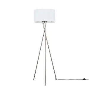 ValueLights Camden Modern Brushed Chrome Metal Tripod Floor Lamp with White Cylinder Shade - Includes 6w LED Bulb 3000K Warm White