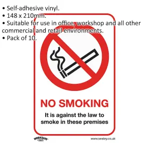 Pack of 10 Self-Adhesive No Smoking Signs for Offices and Workshops