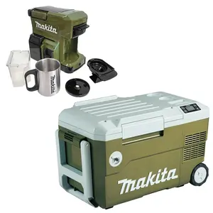 Makita Olive 18v20L Cooler/Warmer Cool Box Wheeled + Plug + Coffee Maker Machine