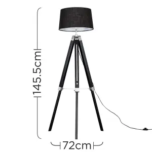 ValueLights Clipper Black Wood and Silver Chrome Tripod Floor Lamp with Black Tapered Shade - Complete with 6w LED GLS Bulb