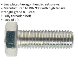 10 Pack M14 x 40mm Zinc Setscrew - Grade 8.8 Fully Threaded DIN 933