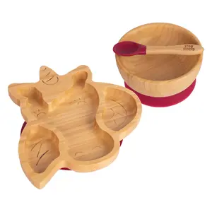 Tiny Dining - Children's Bamboo Suction Unicorn Dinner Set - Red