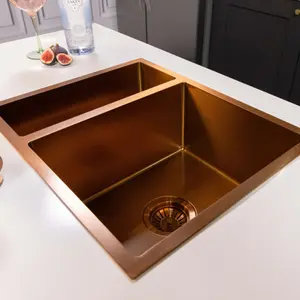 Mockeln - 1.5 Bowl Stainless Steel Kitchen Sink - Inset or Undermounted - Copper Finish - 670mm x 440mm x 200mm