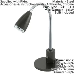 Table Lamp Anthracite Chrome Plated Steel Rocker Switch Bulb GU10 1x3W Included