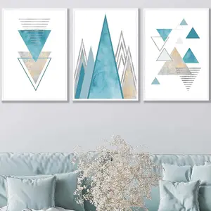 Set of 3 Mid Century Aqua Blue Abstract Geometric Wall Art Prints / 50x70cm / White Frame