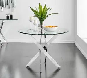 Furniturebox UK Novara Chrome Metal Round Glass Dining Table And 4 Black Velvet Milan Chairs