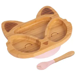 Bamboo Fox Baby Weaning Plate & Fork Set - Pastel Pink