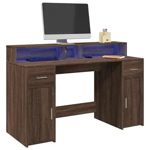 Berkfield Desk with LED Lights Brown Oak 140x55x91 cm Engineered Wood