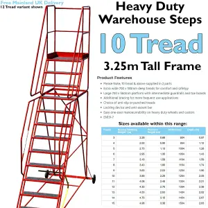 10 Tread HEAVY DUTY Mobile Warehouse Stairs Anti Slip Steps 3.25m Safety Ladder