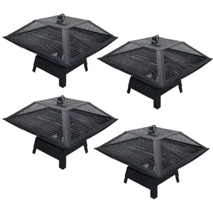 Four Outdoor Metal Garden Fire Pit Basket With BBQ Barbecue Grill+Safety Mesh