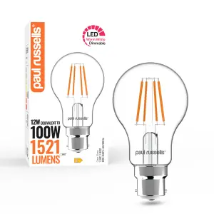 paul russells LED Filament Dimmable GLS Bulb, BC B22, 12W 1521 Lumens, 100w Equivalent, 2700K Warm White