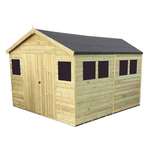 13 x 8 Pressure Treated T&G Wooden Apex Garden Shed / Workshop + 6 Windows + Double Doors (13' x 8' / 13ft x 8ft) (13x8)