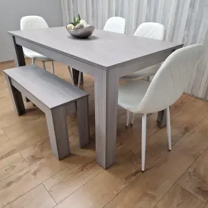 Grey Dining Table with 4 Diamond Stitched White Chairs and 1 Bench