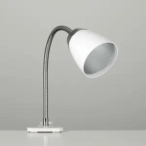 ValueLights Huey Single Gloss White and Chrome Clamp Clip On LED Desk Spotlight Table Light